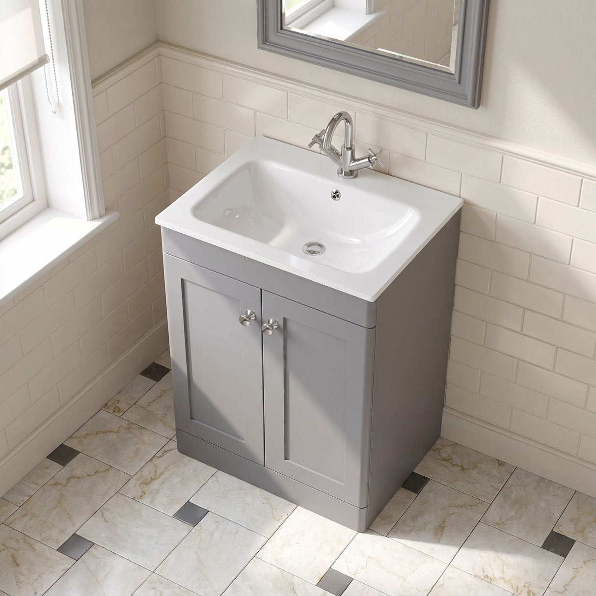 [BFCL225P] Swynnerton Traditional 2 Door Floor Standing Vanity Basin Unit with 1 Tap Hole Stone Basin, Choice of Size and Colour