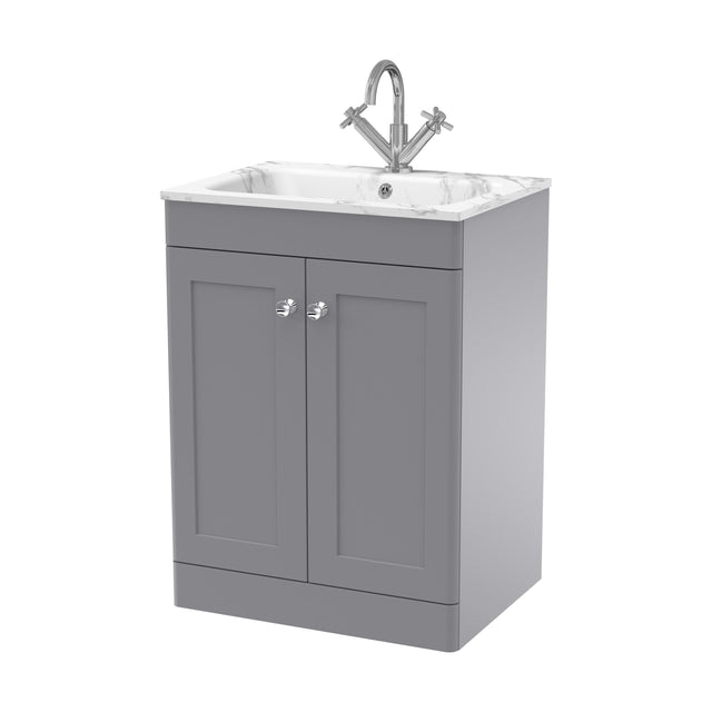 [BFCL225Q] Swynnerton Traditional 2 Door Floor Standing Vanity Unit with Stone Basin, Satin Grey, 600mm - Cutout