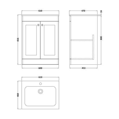 [BFCL225Q] Swynnerton Traditional 2 Door Floor Standing Vanity Unit with Stone Basin, Satin Grey, 600mm - Technical Drawing