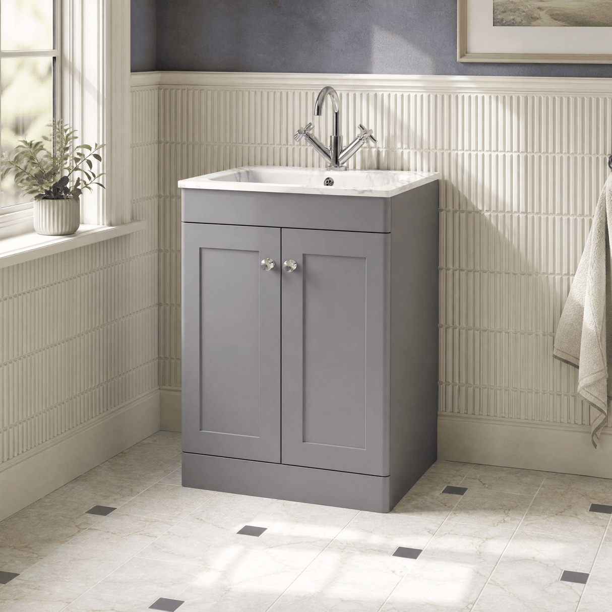[BFCL225Q] Swynnerton Traditional 2 Door Floor Standing Vanity Basin Unit with 1 Tap Hole Marble Effect Stone Basin, Choice of Size and Colour