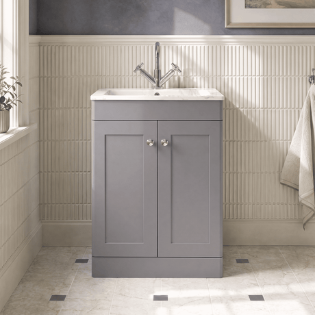 [BFCL225Q] Swynnerton Traditional 2 Door Floor Standing Vanity Basin Unit with 1 Tap Hole Marble Effect Stone Basin, Choice of Size and Colour - Silo