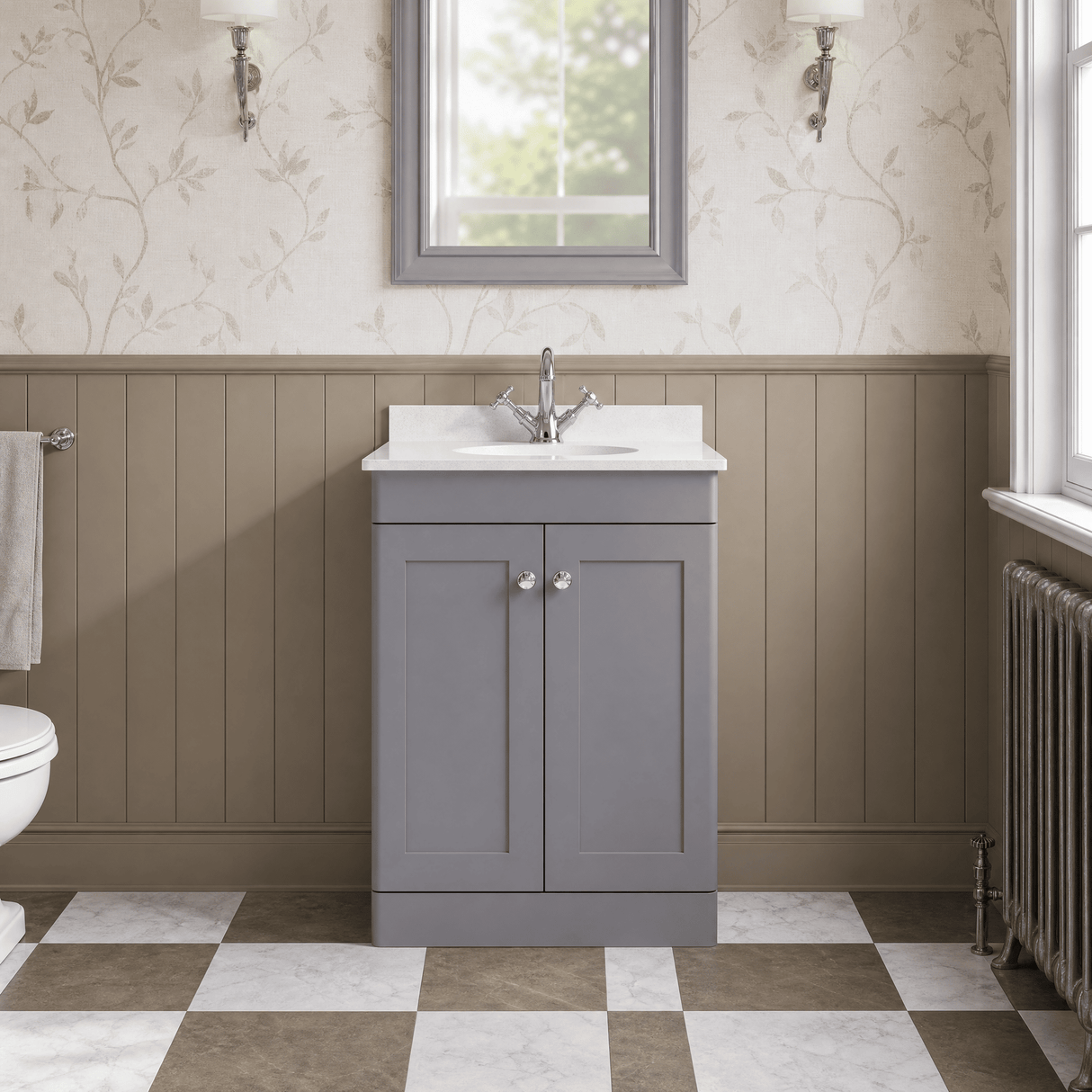 [BFCL225WR1] Swynnerton Traditional 2 Door Floor Standing Vanity Basin Unit with 1 Tap Hole White Marble Worktop and Basin, Choice of Size and Colour