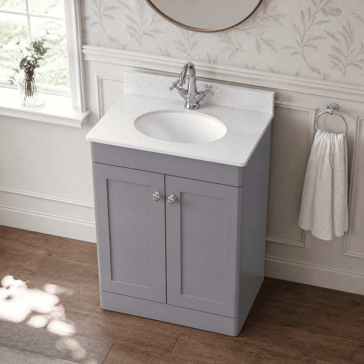 [BFCL225WR1] Swynnerton Traditional 2 Door Floor Standing Vanity Basin Unit with 1 Tap Hole White Marble Worktop and Basin, Choice of Size and Colour
