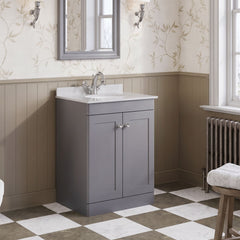 [BFCL225WR1] Swynnerton Traditional 2 Door Floor Standing Vanity Basin Unit with 1 Tap Hole White Marble Worktop and Basin, Choice of Size and Colour