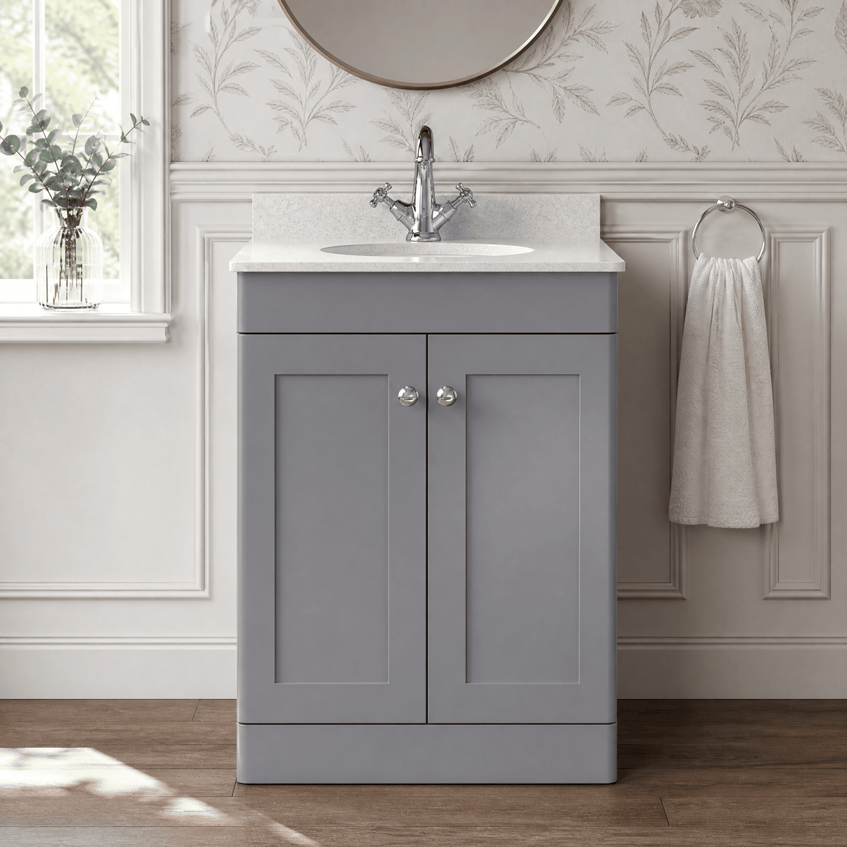 [BFCL225WR1] Swynnerton Traditional 2 Door Floor Standing Vanity Basin Unit with 1 Tap Hole White Marble Worktop and Basin, Choice of Size and Colour - Silo