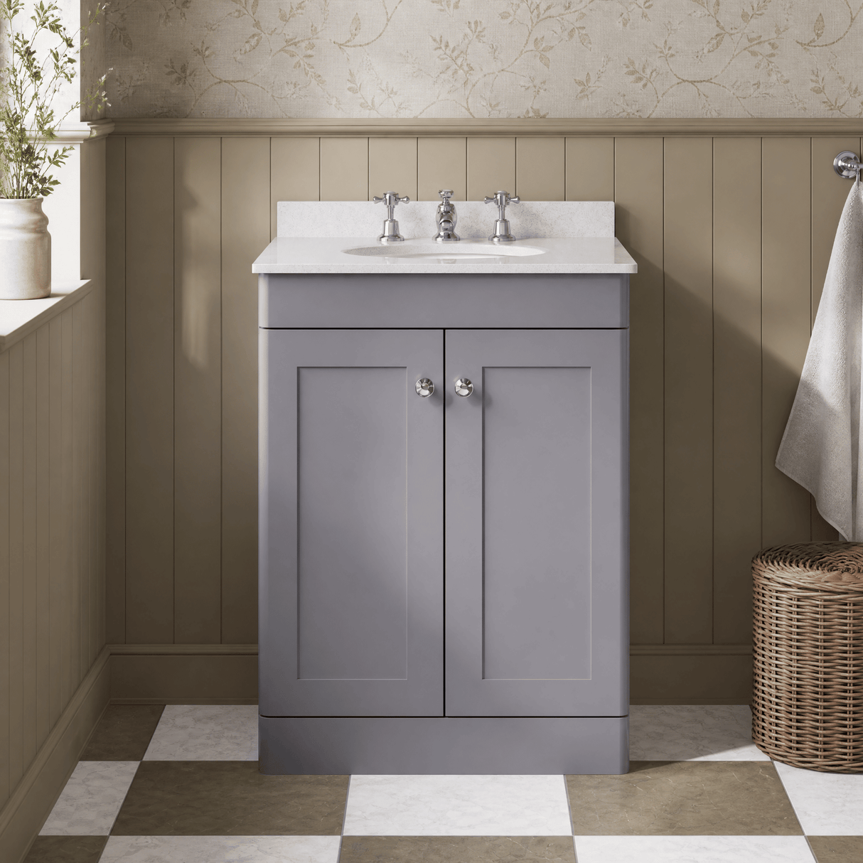 [BFCL225WR3] Swynnerton Traditional 2 Door Floor Standing Vanity Basin Unit with 3 Tap Hole White Marble Worktop and Basin, Choice of Size and Colour