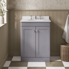 [BFCL225WR3] Swynnerton Traditional 2 Door Floor Standing Vanity Basin Unit with 3 Tap Hole White Marble Worktop and Basin, Choice of Size and Colour