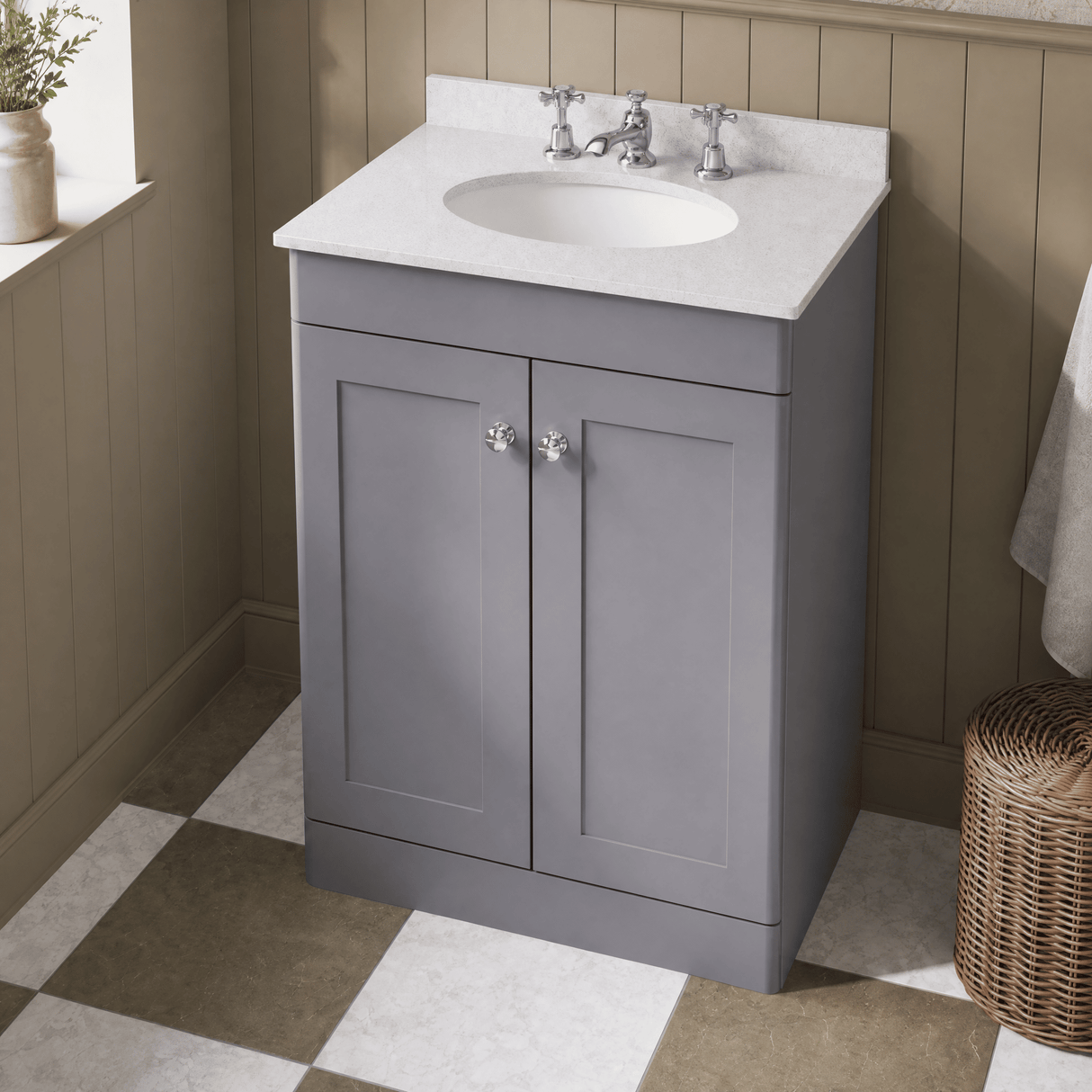 [BFCL225WR3] Swynnerton Traditional 2 Door Floor Standing Vanity Basin Unit with 3 Tap Hole White Marble Worktop and Basin, Choice of Size and Colour