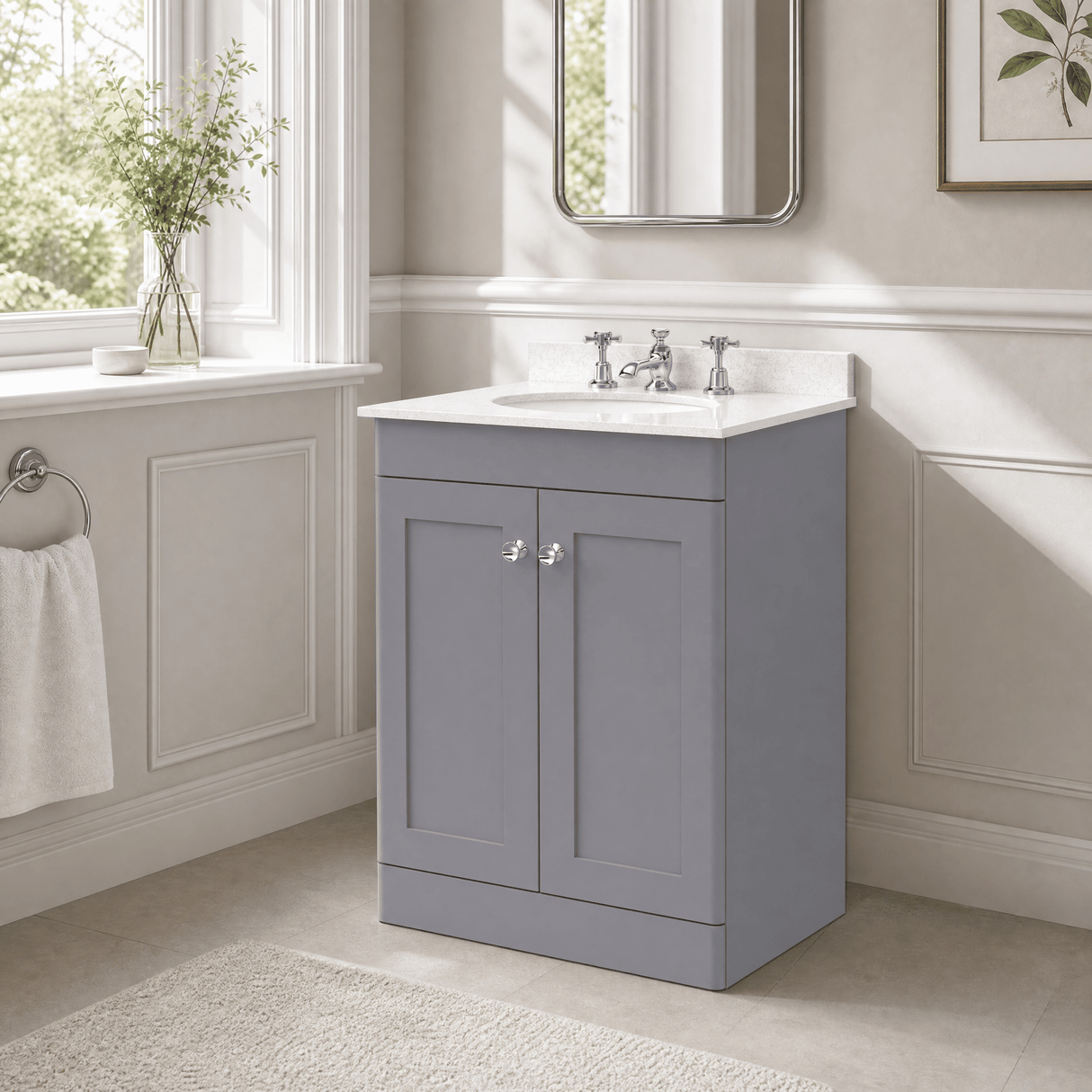 [BFCL225WR3] Swynnerton Traditional 2 Door Floor Standing Vanity Basin Unit with 3 Tap Hole White Marble Worktop and Basin, Choice of Size and Colour
