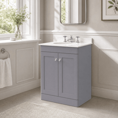 [BFCL225WR3] Swynnerton Traditional 2 Door Floor Standing Vanity Basin Unit with 3 Tap Hole White Marble Worktop and Basin, Choice of Size and Colour
