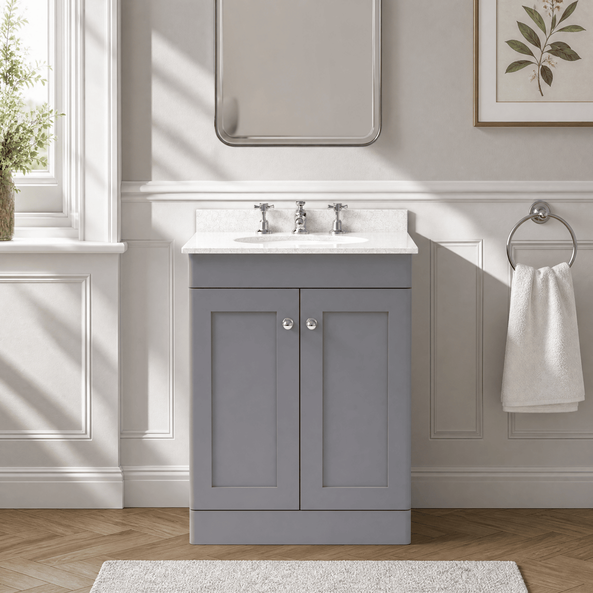 [BFCL225WR3] Swynnerton Traditional 2 Door Floor Standing Vanity Basin Unit with 3 Tap Hole White Marble Worktop and Basin, Choice of Size and Colour - Silo