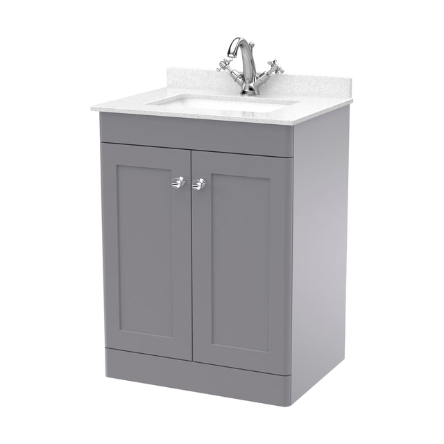 [BFCL225WS1] Swynnerton Traditional 2 Door Floor Standing Vanity Unit with Marble Basin, Satin Grey, 600mm - Cutout