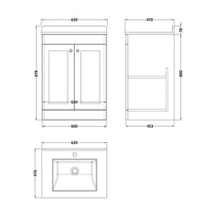 [BFCL225WS1] Swynnerton Traditional 2 Door Floor Standing Vanity Basin Unit with 1 Tap Hole White Marble Worktop and Square Basin, Choice of Size and Colour - Technical Drawing