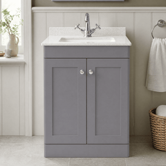 [BFCL225WS1] Swynnerton Traditional 2 Door Floor Standing Vanity Basin Unit with 1 Tap Hole White Marble Worktop and Square Basin, Choice of Size and Colour