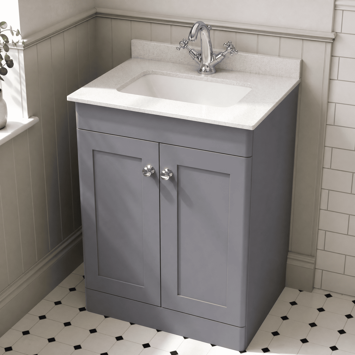 [BFCL225WS1] Swynnerton Traditional 2 Door Floor Standing Vanity Basin Unit with 1 Tap Hole White Marble Worktop and Square Basin, Choice of Size and Colour