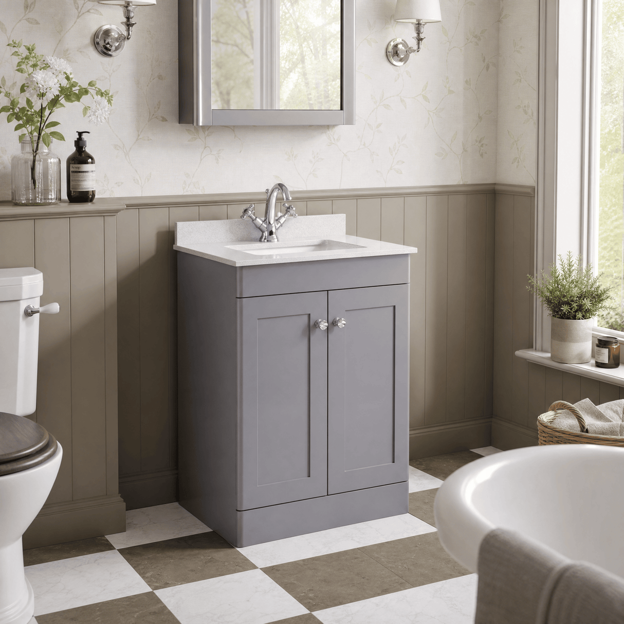 [BFCL225WS1] Swynnerton Traditional 2 Door Floor Standing Vanity Basin Unit with 1 Tap Hole White Marble Worktop and Square Basin, Choice of Size and Colour