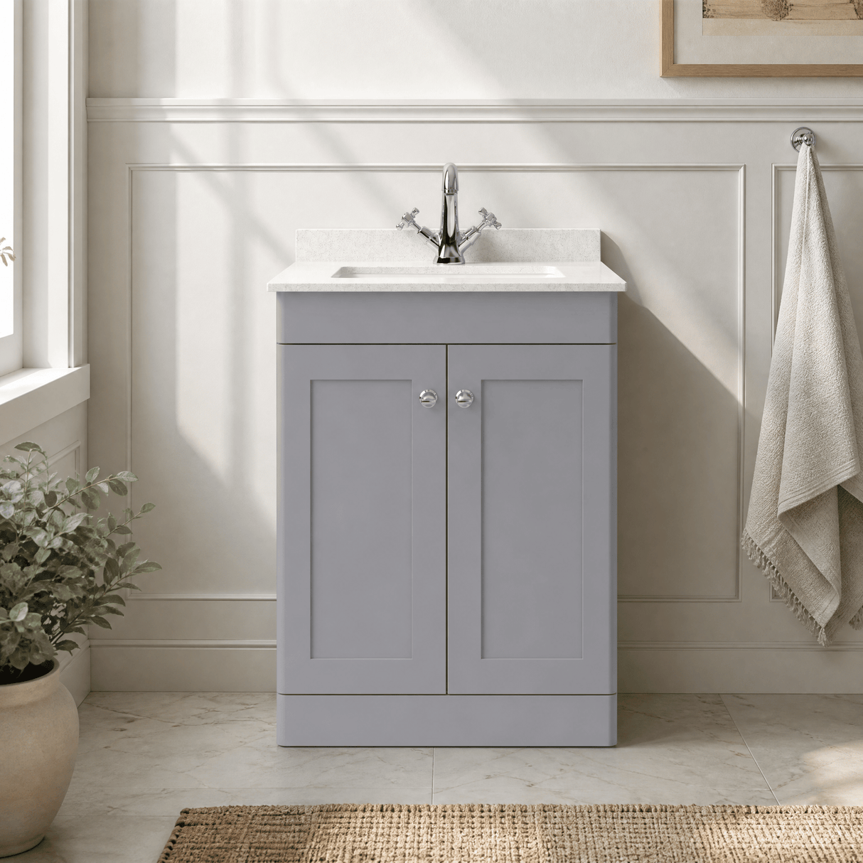 [BFCL225WS1] Swynnerton Traditional 2 Door Floor Standing Vanity Basin Unit with 1 Tap Hole White Marble Worktop and Square Basin, Choice of Size and Colour - Silo
