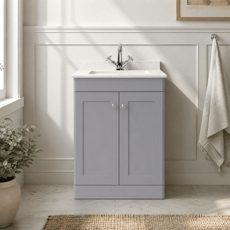 [BFCL225WS1] Swynnerton Traditional 2 Door Floor Standing Vanity Basin Unit with 1 Tap Hole White Marble Worktop and Square Basin, Choice of Size and Colour - Silo