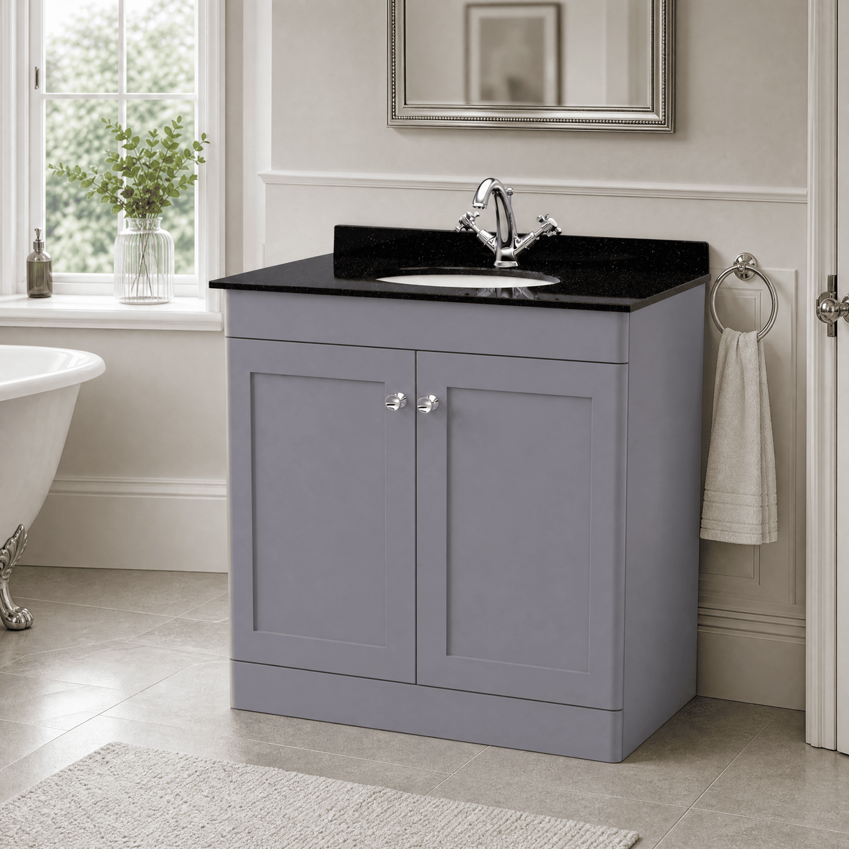 [BFCL226BR1] Swynnerton Traditional 2 Door Floor Standing Vanity Unit with Black Marble Worktop and 1 Tap Hole Basin, Choice of Size and Colour - Silo