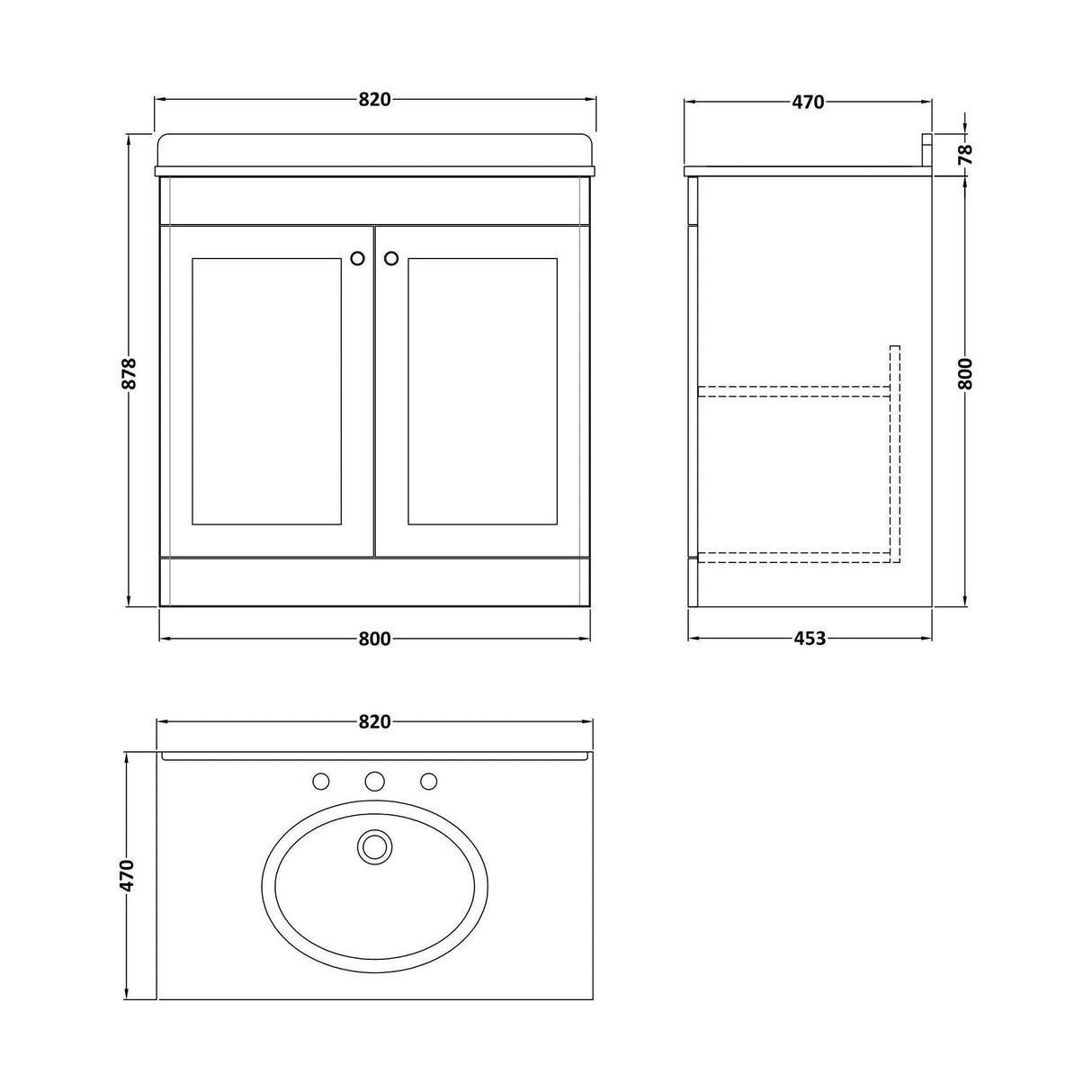 [BFCL226BR3] Swynnerton Traditional 2 Door Floor Standing Vanity Unit with Black Marble Worktop and 3 Tap Hole Basin, Choice of Size and Colour - Technical Drawing
