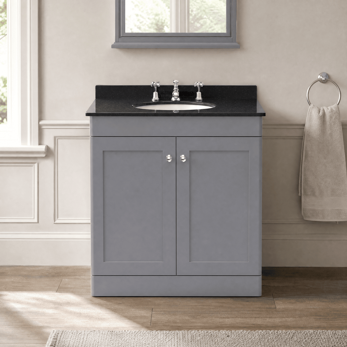 [BFCL226BR3] Swynnerton Traditional 2 Door Floor Standing Vanity Unit with Black Marble Worktop and 3 Tap Hole Basin, Choice of Size and Colour