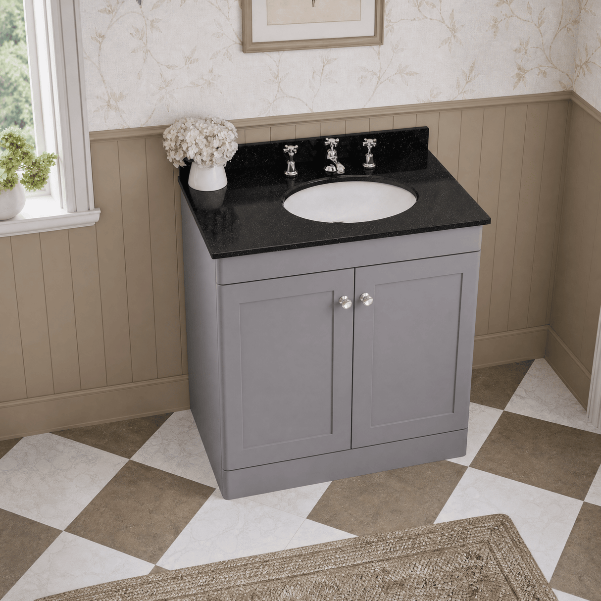 [BFCL226BR3] Swynnerton Traditional 2 Door Floor Standing Vanity Unit with Black Marble Worktop and 3 Tap Hole Basin, Choice of Size and Colour