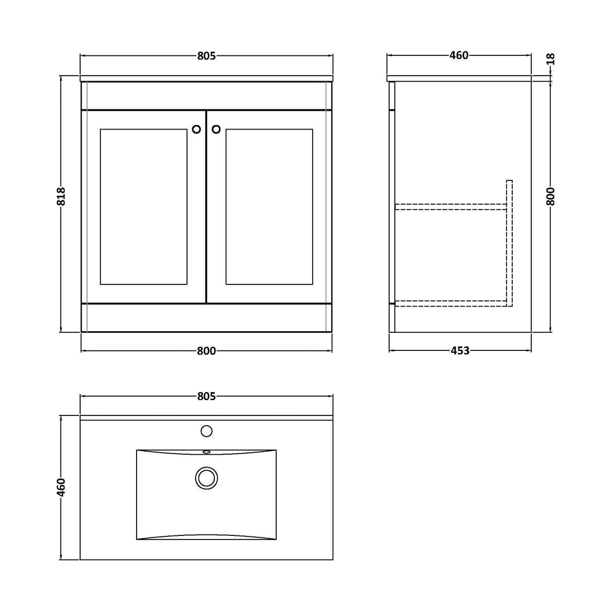 [BFCL226C] Swynnerton Traditional 2 Door Floor Standing Vanity Basin Unit with 1 Tap Hole Minimalist Ceramic Basin, Choice of Size and Colour - Technical Drawing