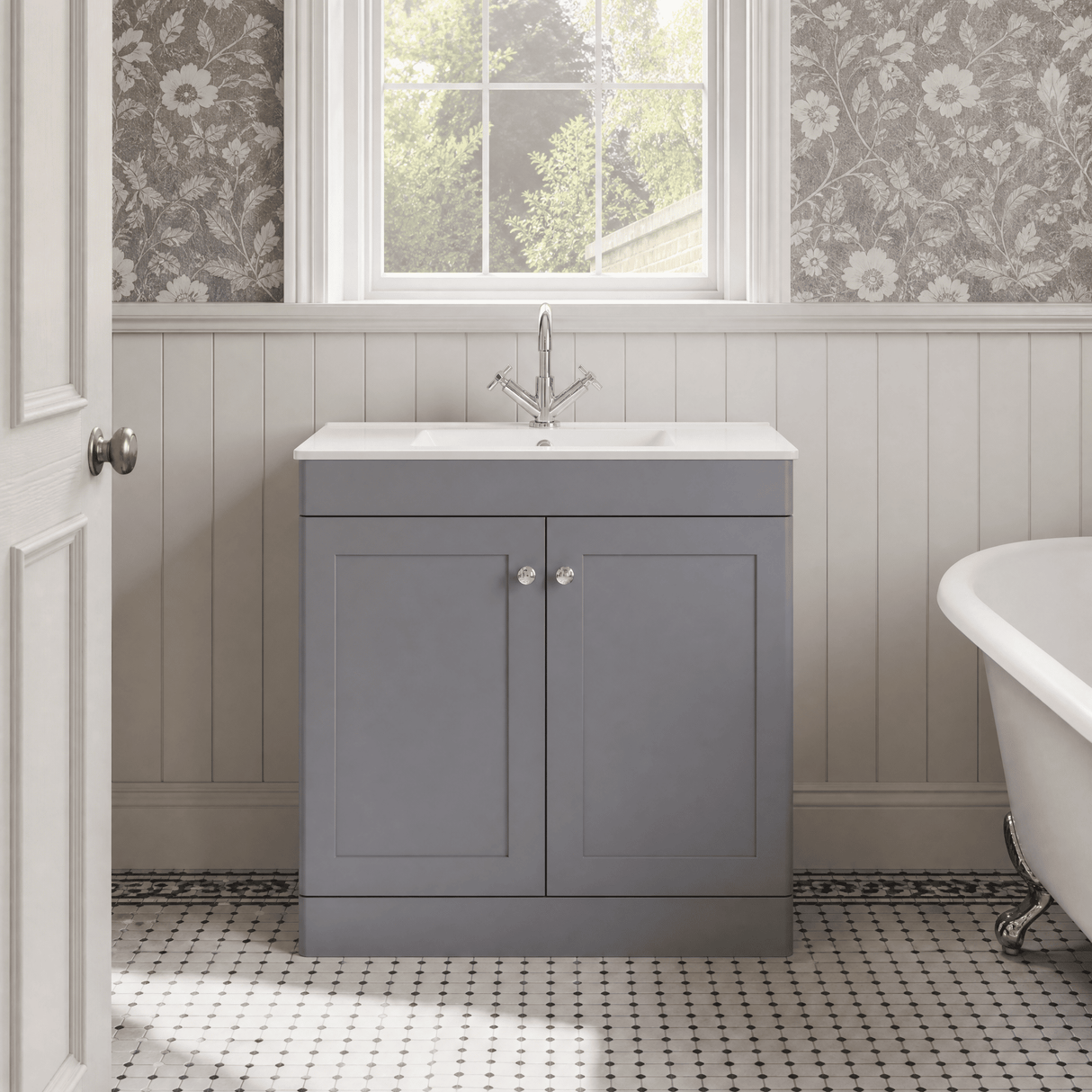 [BFCL226C] Swynnerton Traditional 2 Door Floor Standing Vanity Basin Unit with 1 Tap Hole Minimalist Ceramic Basin, Choice of Size and Colour