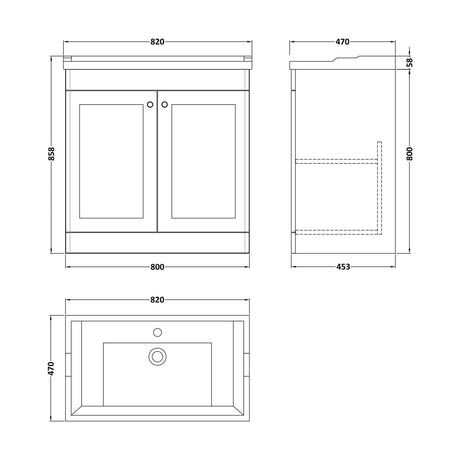 [BFCL226F] Swynnerton Traditional 2 Door Floor Standing Vanity Unit with Basin, Satin Grey, 800mm - Technical Drawing