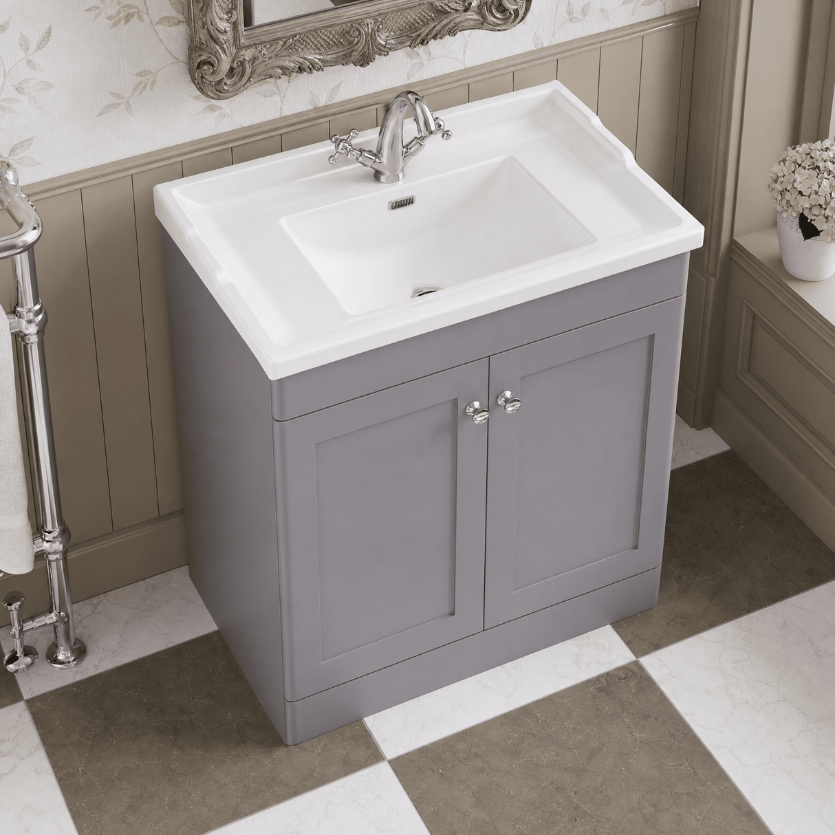 [BFCL226F] Swynnerton Traditional 2 Door Floor Standing Vanity Basin Unit with 1 Tap Hole Traditional Ceramic Basin, Choice of Size and Colour