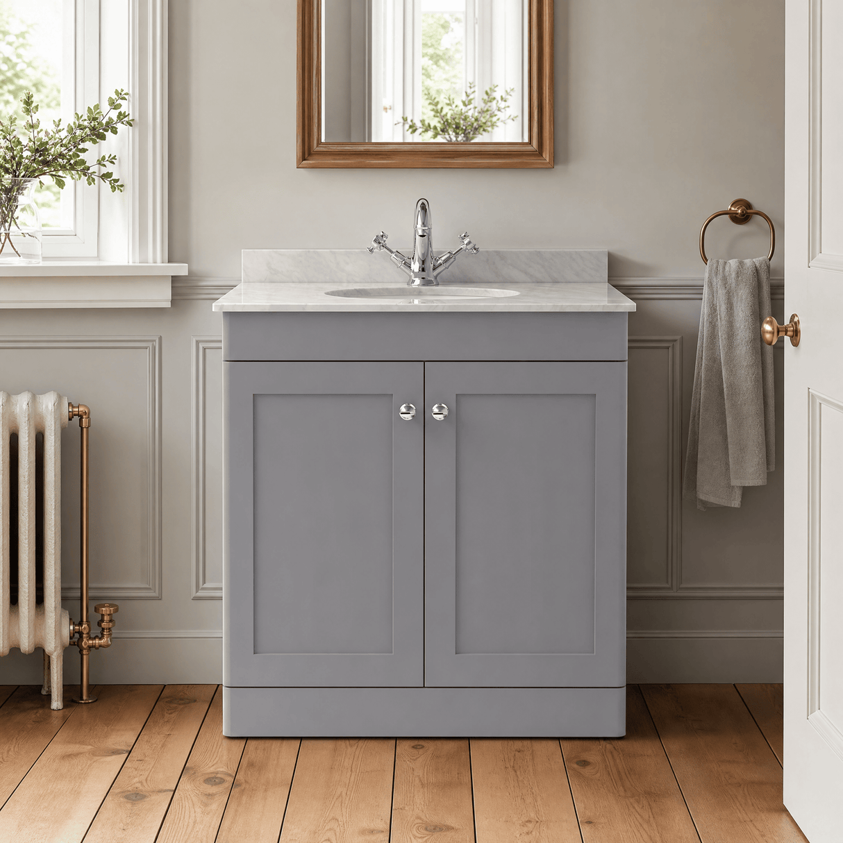 [BFCL226GR1] Swynnerton Traditional 2 Door Floor Standing Vanity Unit with Grey Marble Worktop and 1 Tap Hole Basin, Choice of Size and Colour