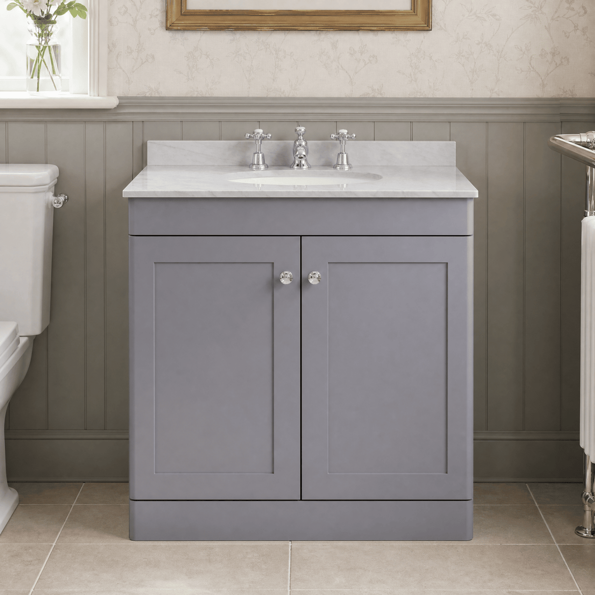 [BFCL226GR3] Swynnerton Traditional 2 Door Floor Standing Vanity Basin Unit with 3 Tap Hole Grey Marble Top Basin, Choice of Size and Colour