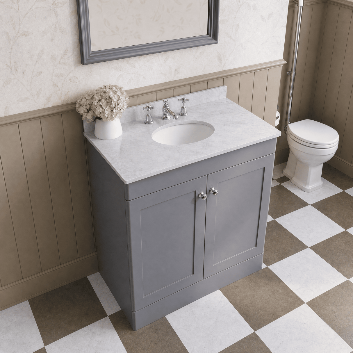 [BFCL226GR3] Swynnerton Traditional 2 Door Floor Standing Vanity Basin Unit with 3 Tap Hole Grey Marble Top Basin, Choice of Size and Colour