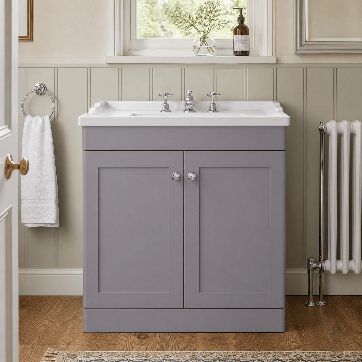 [BFCL226G] Swynnerton Traditional 2 Door Floor Standing Vanity Basin Unit with 3 Tap Hole Traditional Ceramic Basin, Choice of Size and Colour