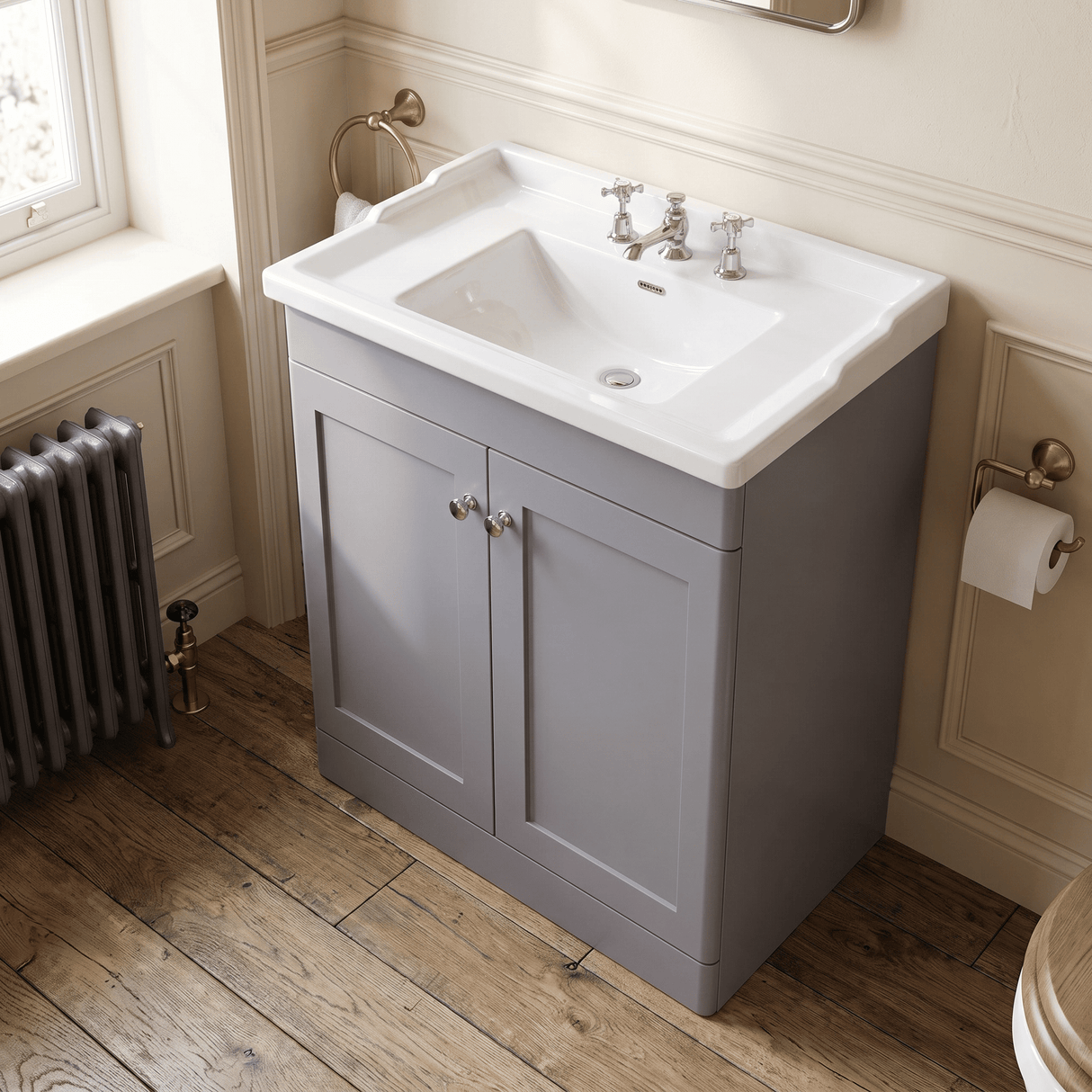 [BFCL226G] Swynnerton Traditional 2 Door Floor Standing Vanity Basin Unit with 3 Tap Hole Traditional Ceramic Basin, Choice of Size and Colour