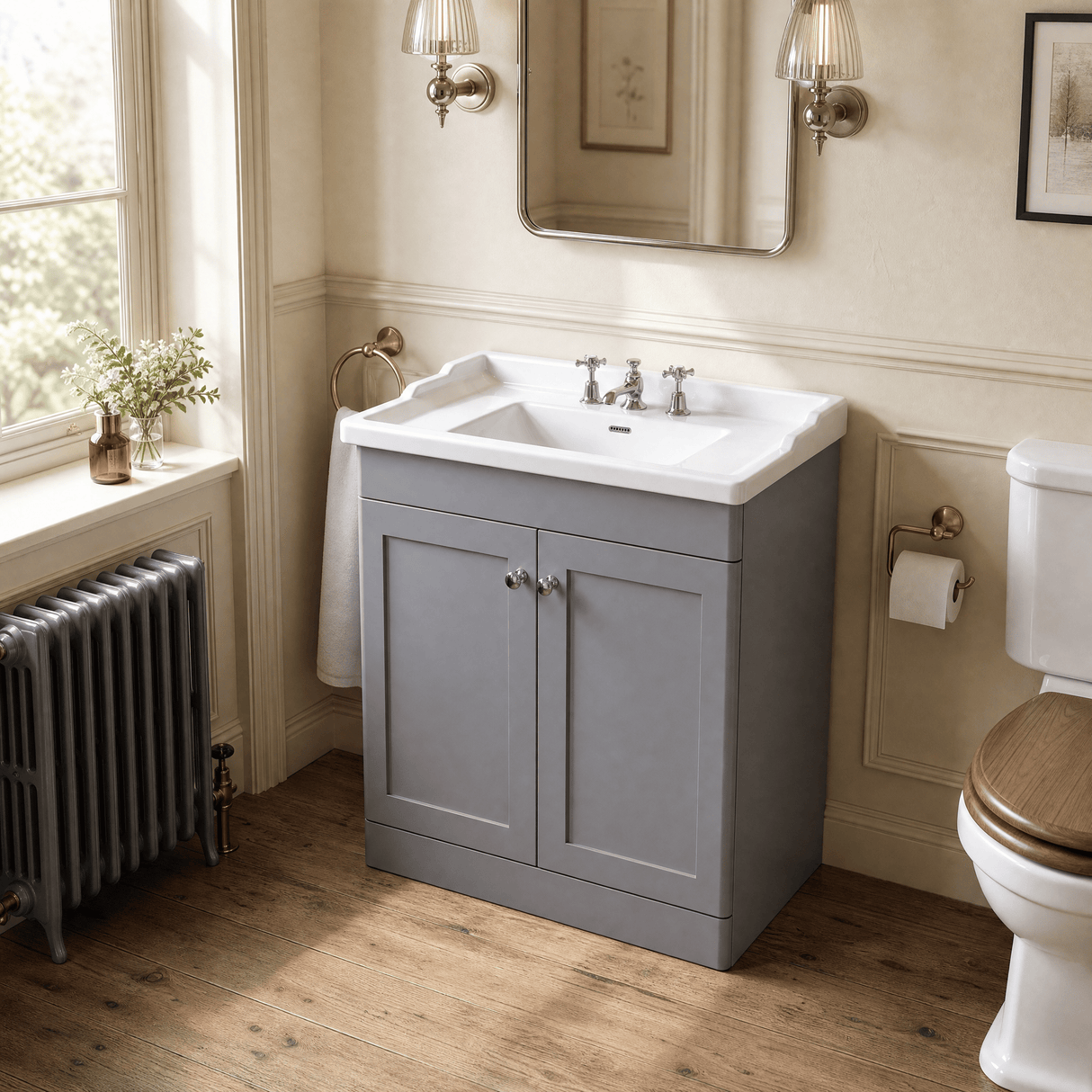 [BFCL226G] Swynnerton Traditional 2 Door Floor Standing Vanity Basin Unit with 3 Tap Hole Traditional Ceramic Basin, Choice of Size and Colour