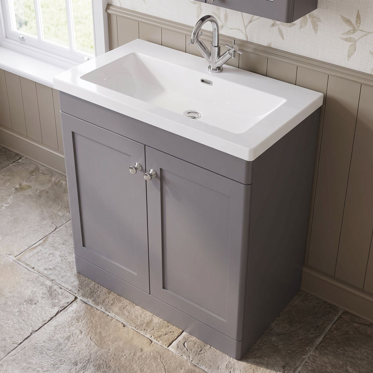 [BFCL226L] Swynnerton Traditional 2 Door Floor Standing Vanity Basin Unit with 1 Tap Hole Modern Fireclay Basin, Choice of Size and Colour
