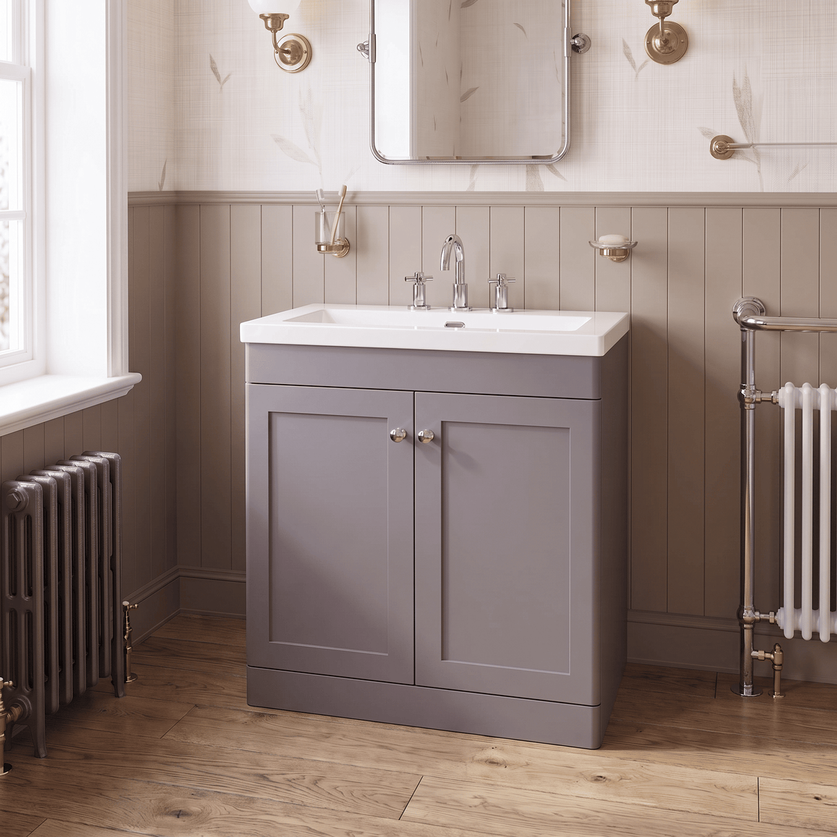 [BFCL226M] Swynnerton Traditional 2 Door Floor Standing Vanity Basin Unit with 3 Tap Hole Modern Fireclay Basin, Choice of Size and Colour