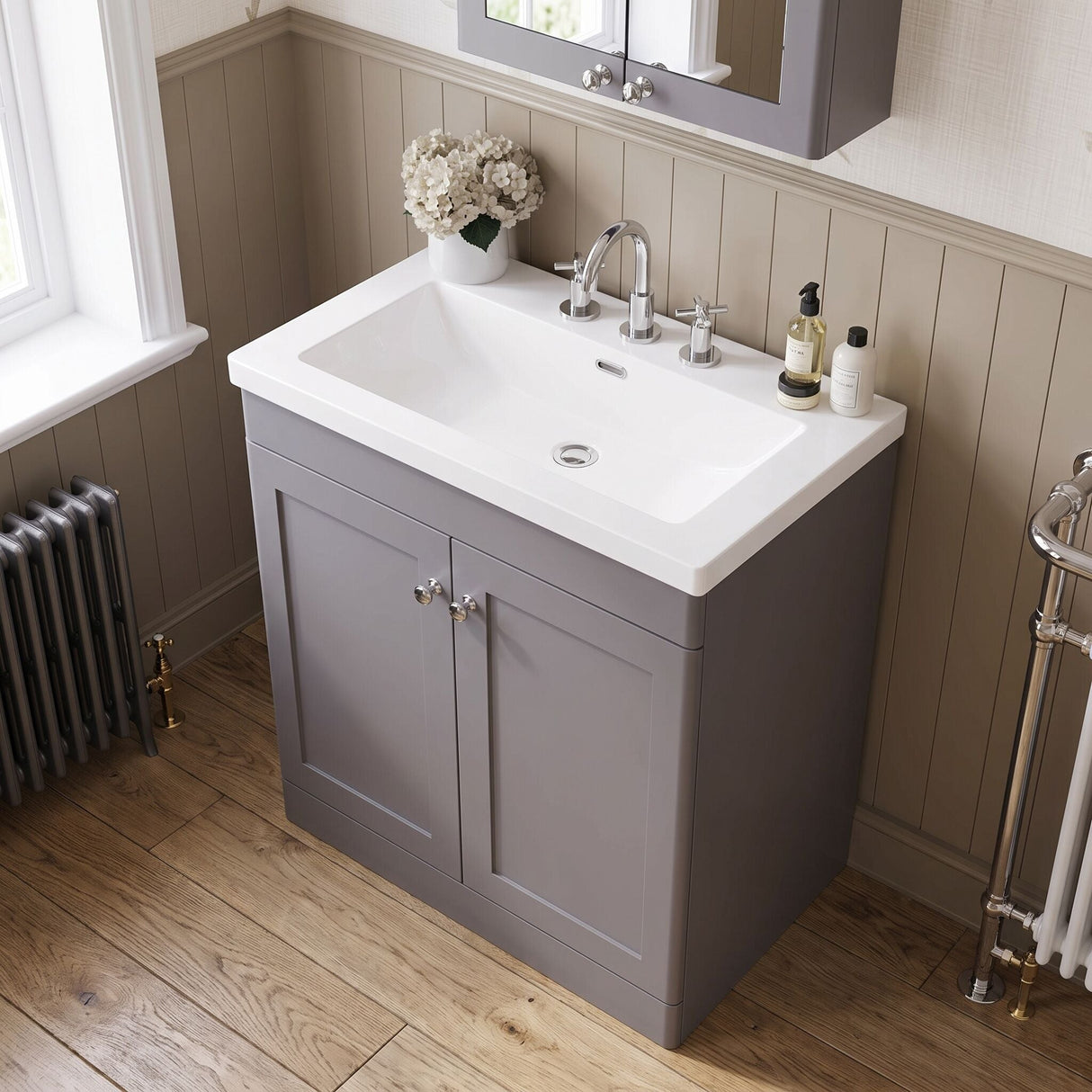 [BFCL226M] Swynnerton Traditional 2 Door Floor Standing Vanity Basin Unit with 3 Tap Hole Modern Fireclay Basin, Choice of Size and Colour