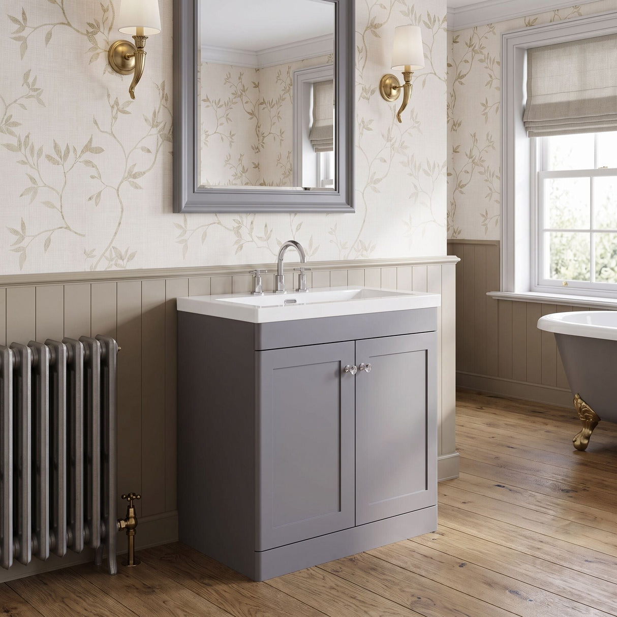 [BFCL226M] Swynnerton Traditional 2 Door Floor Standing Vanity Basin Unit with 3 Tap Hole Modern Fireclay Basin, Choice of Size and Colour