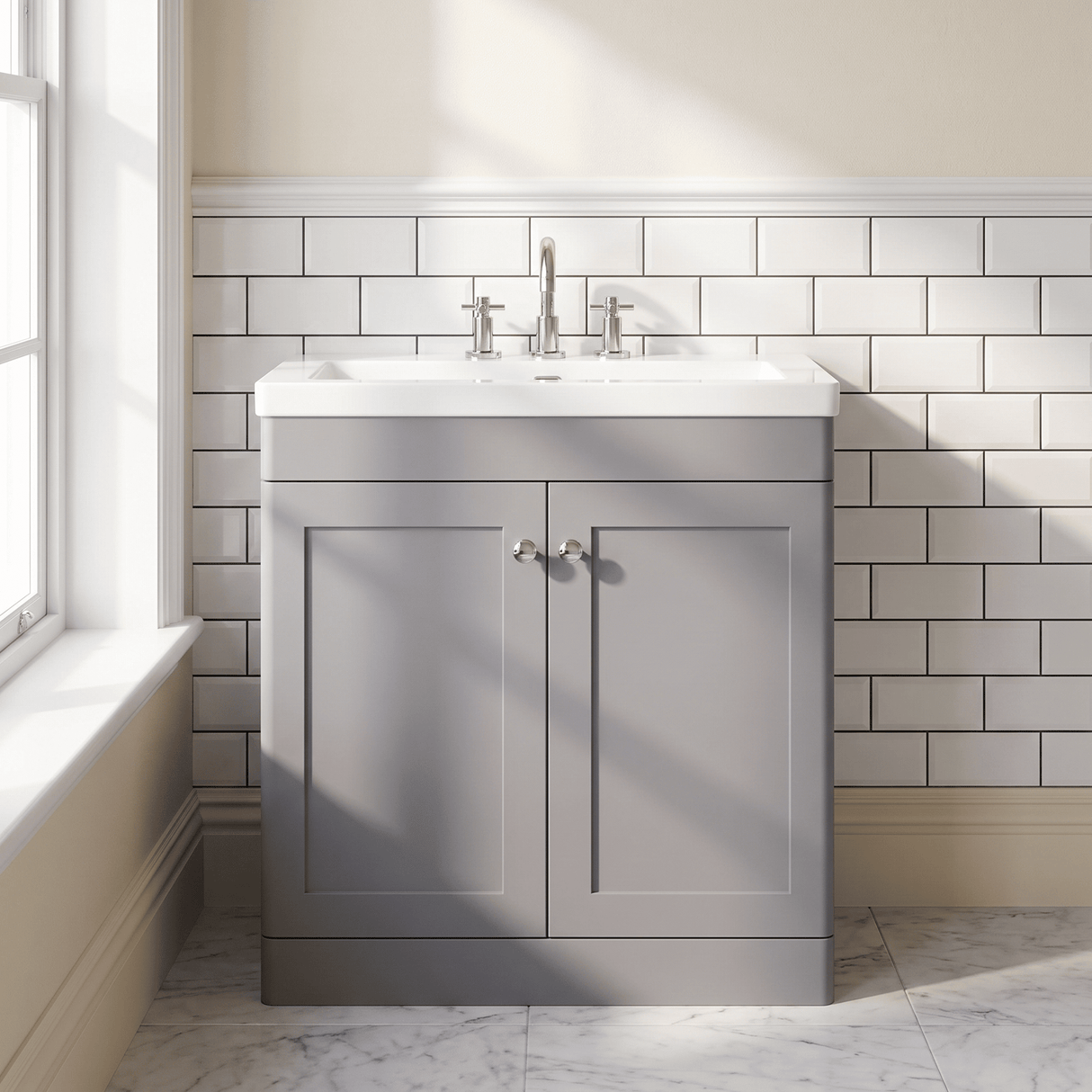 [BFCL226M] Swynnerton Traditional 2 Door Floor Standing Vanity Basin Unit with 3 Tap Hole Modern Fireclay Basin, Choice of Size and Colour - Silo