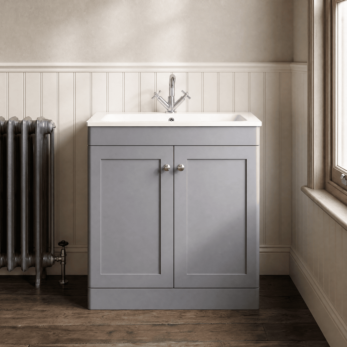 [BFCL226P] Swynnerton Traditional 2 Door Floor Standing Vanity Basin Unit with 1 Tap Hole Stone Basin, Choice of Size and Colour