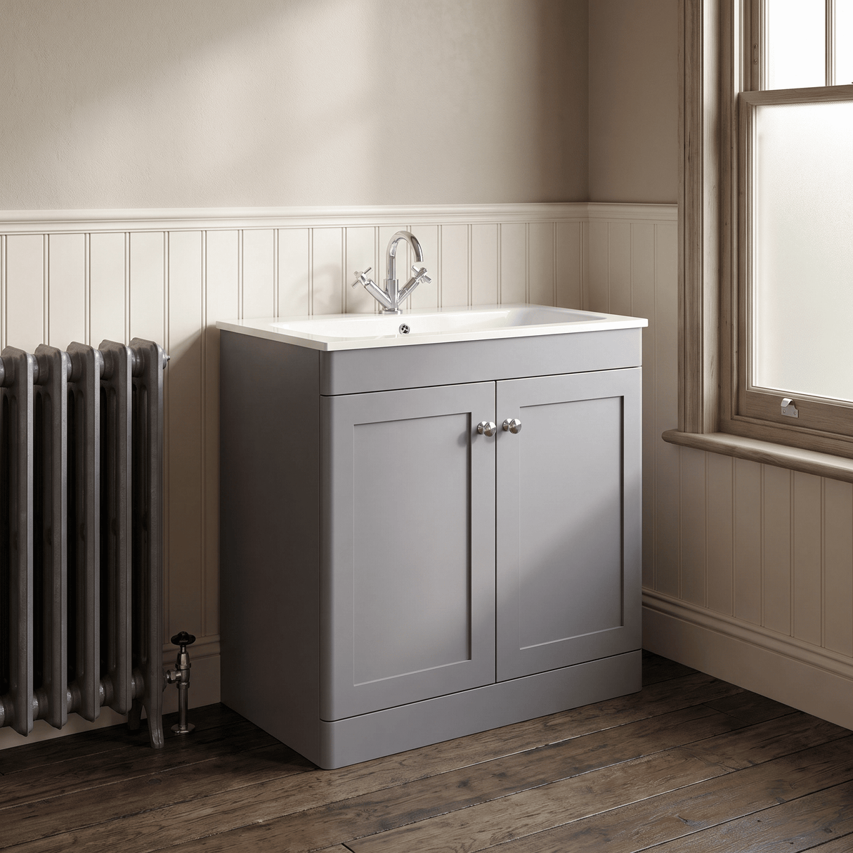 [BFCL226P] Swynnerton Traditional 2 Door Floor Standing Vanity Basin Unit with 1 Tap Hole Stone Basin, Choice of Size and Colour