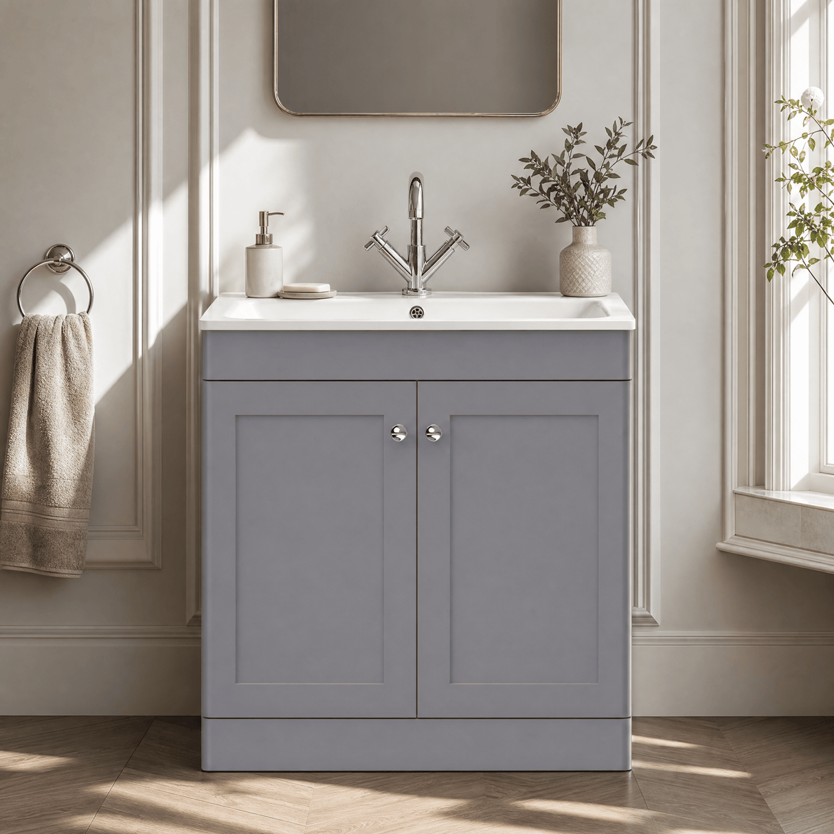 [BFCL226P] Swynnerton Traditional 2 Door Floor Standing Vanity Basin Unit with 1 Tap Hole Stone Basin, Choice of Size and Colour - Silo