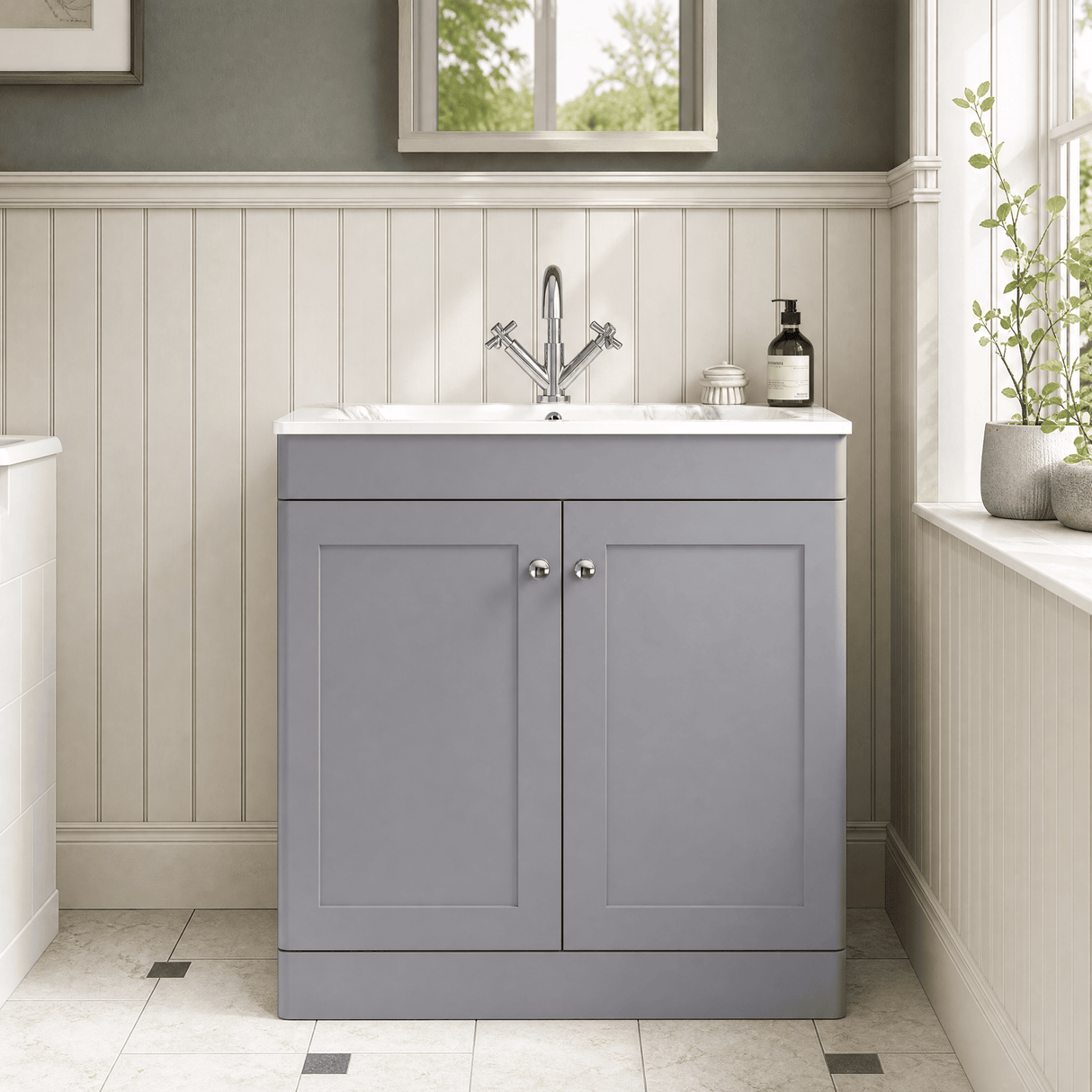 [BFCL226Q] Swynnerton Traditional 2 Door Floor Standing Vanity Basin Unit with 1 Tap Hole Marble Effect Stone Basin, Choice of Size and Colour
