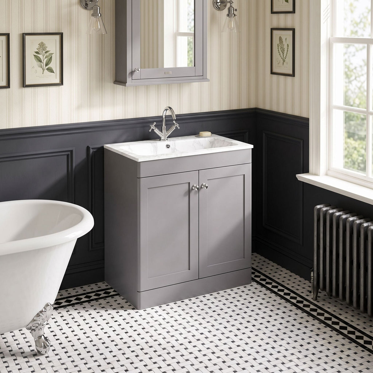[BFCL226Q] Swynnerton Traditional 2 Door Floor Standing Vanity Basin Unit with 1 Tap Hole Marble Effect Stone Basin, Choice of Size and Colour