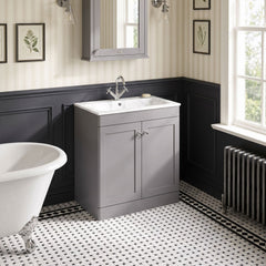 [BFCL226Q] Swynnerton Traditional 2 Door Floor Standing Vanity Basin Unit with 1 Tap Hole Marble Effect Stone Basin, Choice of Size and Colour