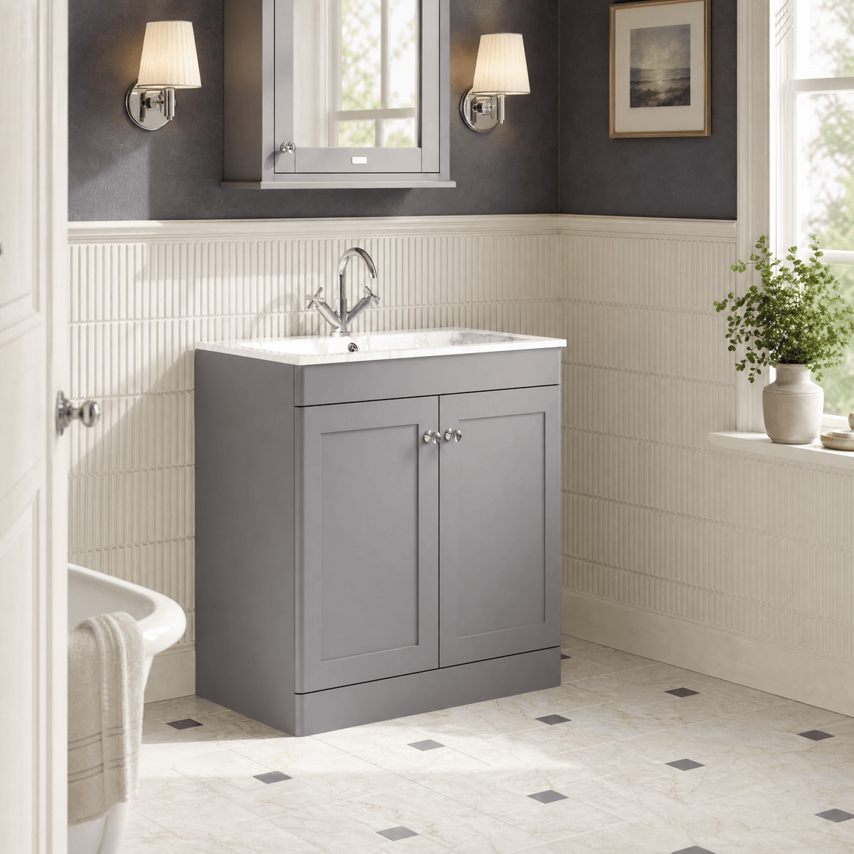 [BFCL226Q] Swynnerton Traditional 2 Door Floor Standing Vanity Basin Unit with 1 Tap Hole Marble Effect Stone Basin, Choice of Size and Colour