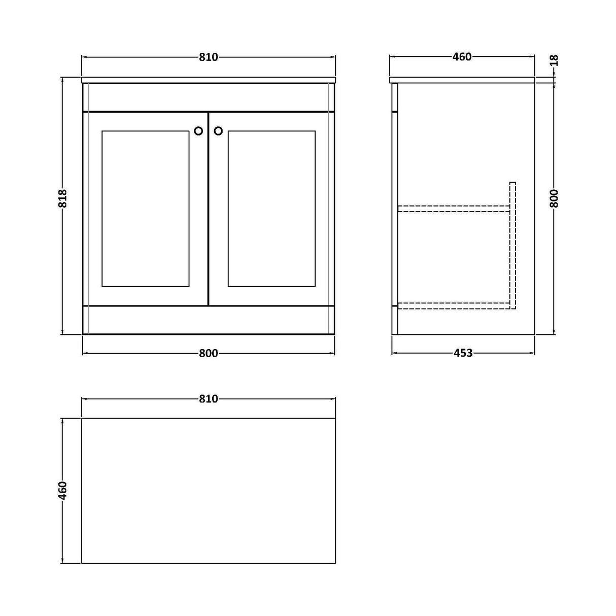 [BFCL226WMT] Swynnerton Traditional 2 Door Floor Standing Vanity Unit with White Marble Worktop, Choice of Size and Colour - Technical Drawing