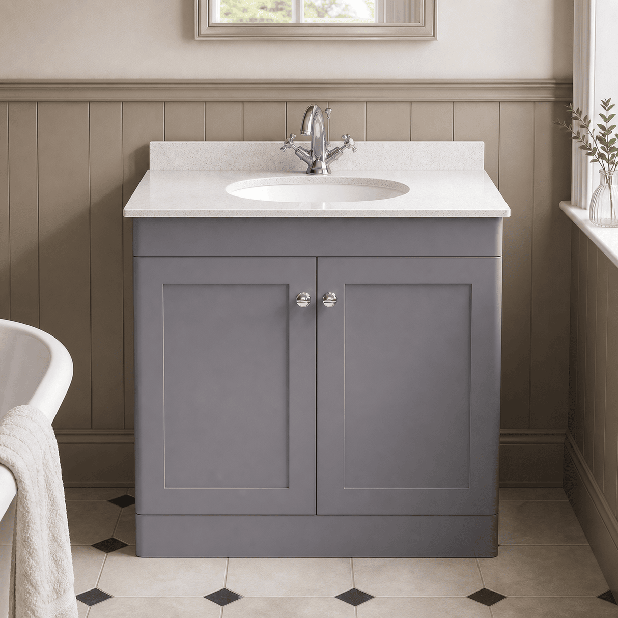 [BFCL226WR1] Swynnerton Traditional 2 Door Floor Standing Vanity Basin Unit with 1 Tap Hole White Marble Worktop and Basin, Choice of Size and Colour